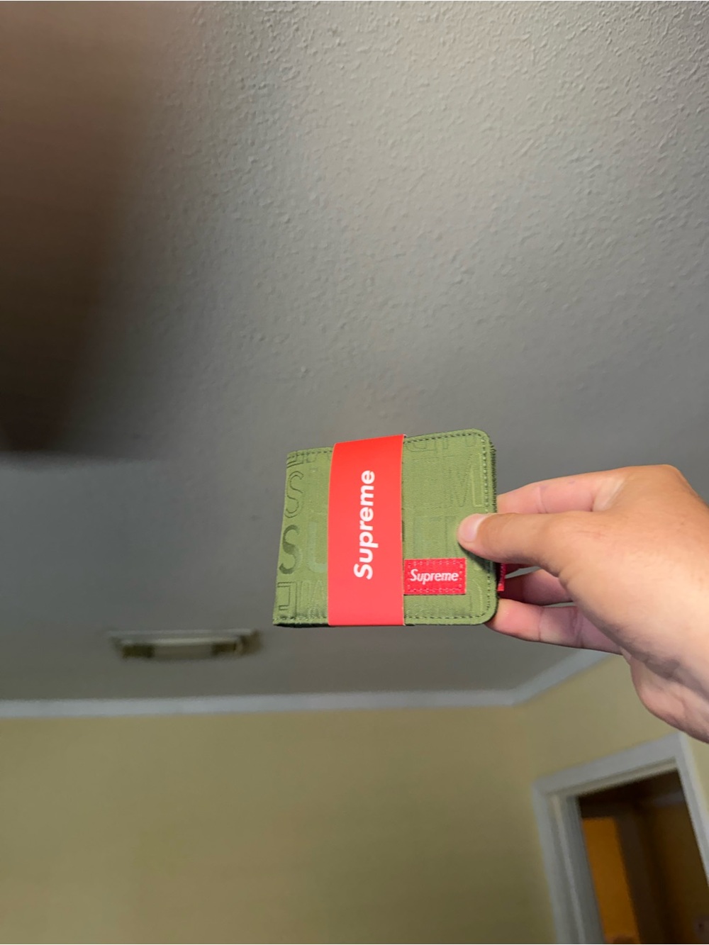 Supreme Olive Green Card Wallet with Red Logo Band